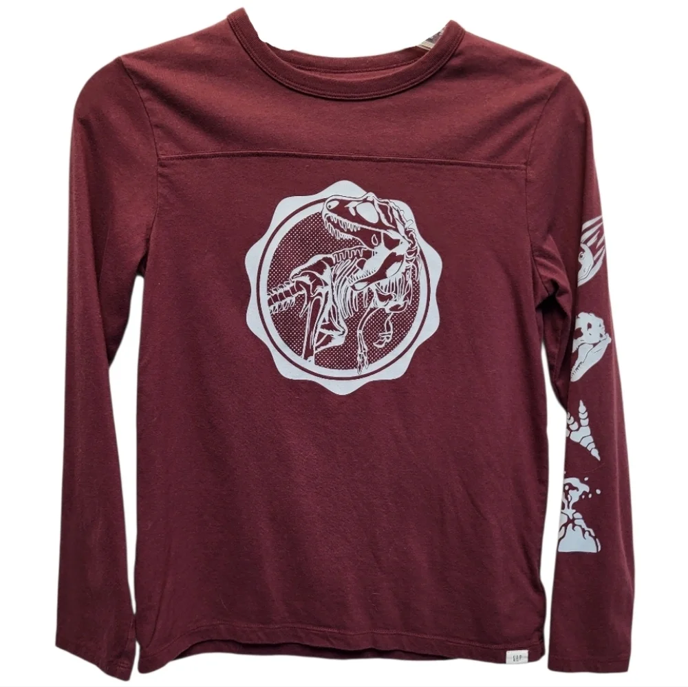 GAP Kids Red Long Sleeve Tee with Dinosaur Graphic Design - Size L (10-11)